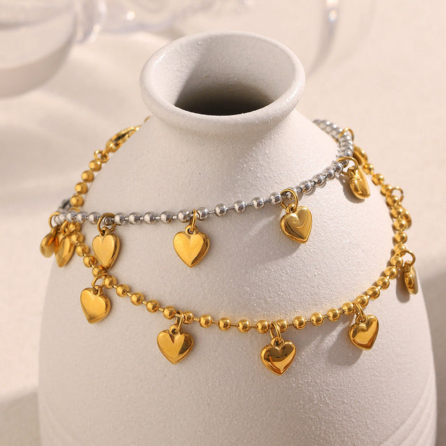 Elegant Minimalist Heart-Shaped Stainless Steel Plated 18K Gold Beaded Bracelet for Women