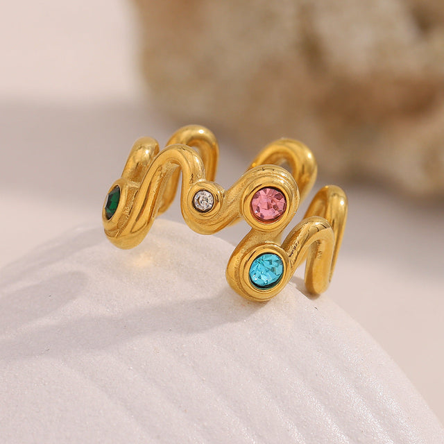 Elegant Wave-Shaped Geometric Stainless Steel Ring with 18K Gold Plating and Colorful Rhinestone Inlay for Women