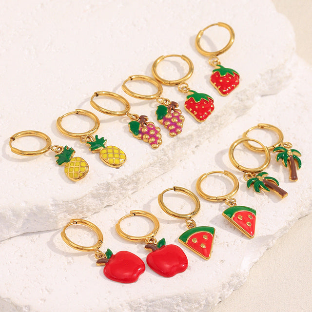 Creative Fruit-Shaped Stainless Steel Earrings with 18K Gold Plating and Enamel Detailing for Women
