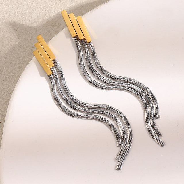 Elegant Minimalist Geometric Stainless Steel Earrings with 18K Gold Plating and Tiered Fringe Chain Design