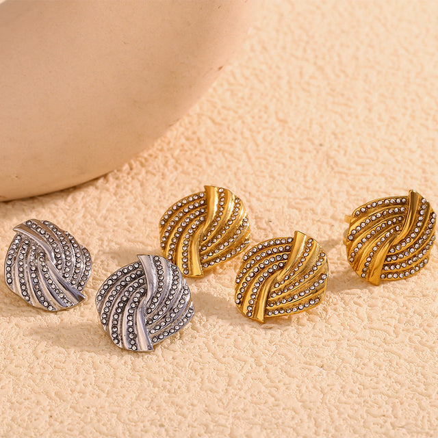 Elegant Fashionable Geometric Cross Feather Stud Earrings in Stainless Steel with 18K Gold Plating and Rhinestone Accents