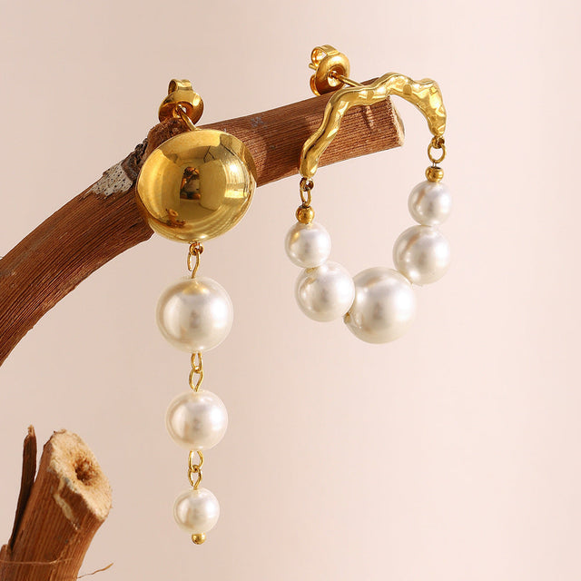 Elegant French Vintage Style Geometric Stainless Steel 18K Gold Plated Irregular Fake Pearl Stud Earrings for Women