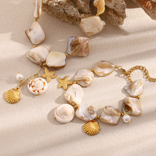 Baroque Shell Pendant Necklace and Bracelet Set in Stainless Steel with 18K Gold Plating for Women Featuring Starfish and Marine Life Motifs