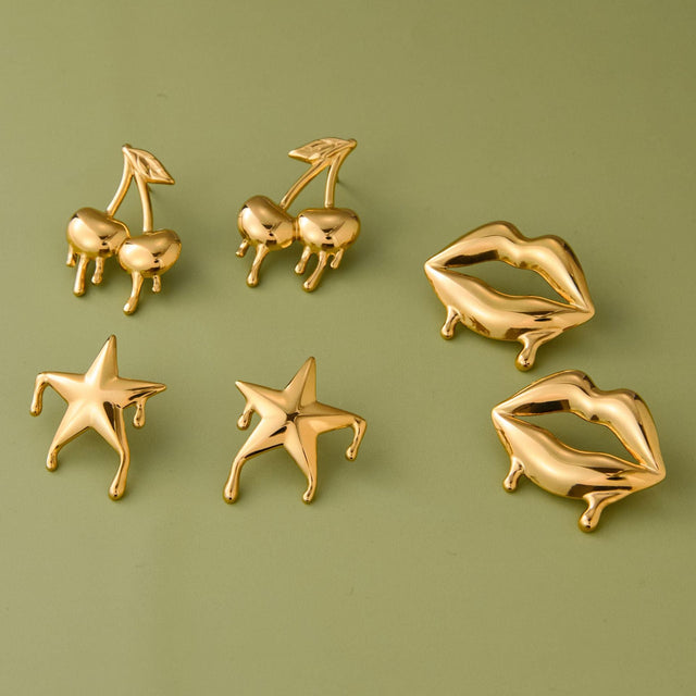 Cherry-Shaped Geometric Stainless Steel Stud Earrings for Women with Plating Finish
