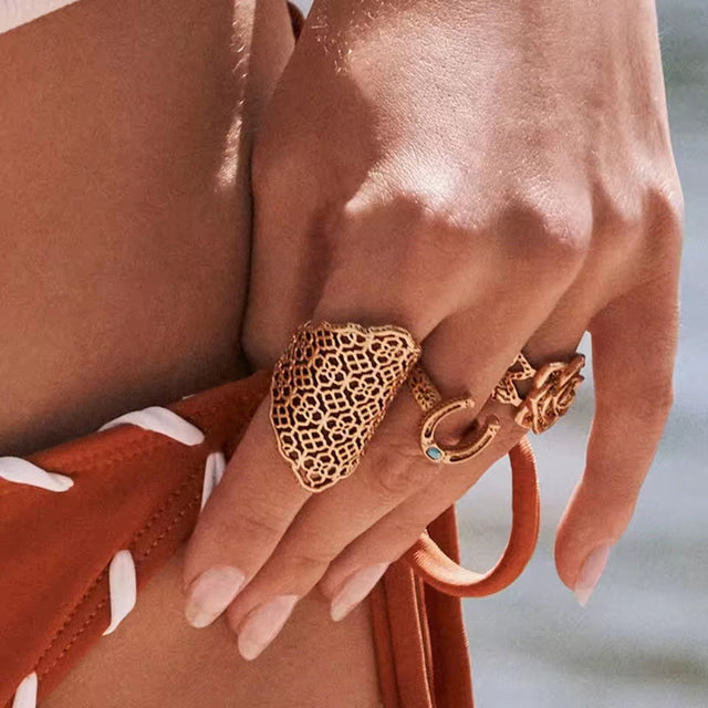 Bohemian Style Geometric Hollow-Out Wide Band Titanium Steel Ring with Plating Finish for Women