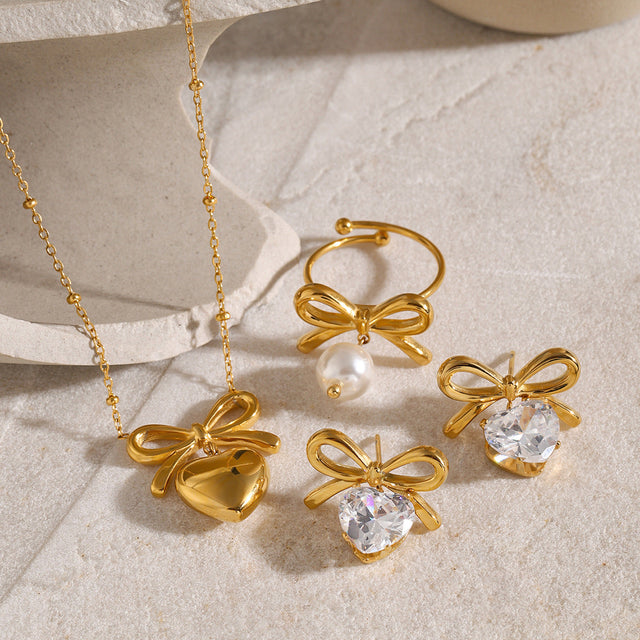 Fashion Geometric Bow Knot Stainless Steel Earrings with 18K Gold Plating and Zircon