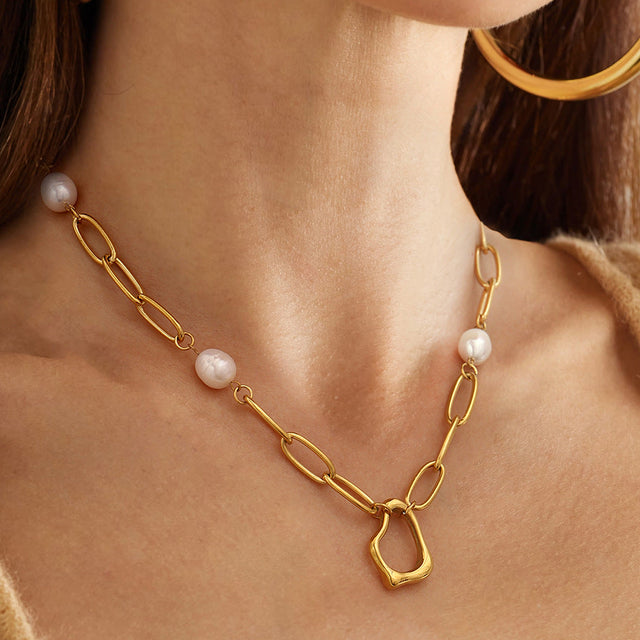 Fashion 18K Gold Plated Stainless Steel Wave Pearl Necklace for Women