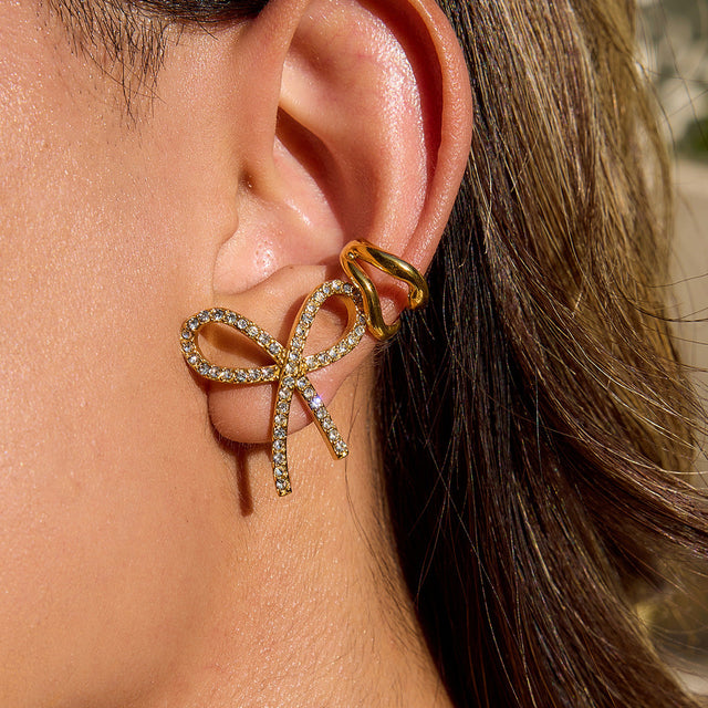 Elegant Bow-Shaped Stainless Steel Stud Earrings with Rhinestone Accents Plated for Women