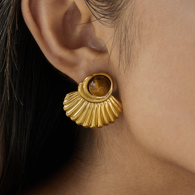 Fashion Geometric Fan Shape Tiger Eye Stone Stainless Steel Earrings for Women
