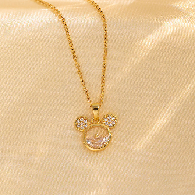 Cute Cartoon Mickey Mouse Rhinestone Pendant Necklace for Women in Titanium Steel with Plating Finish, O-Chain Locket Style Fashion Jewelry