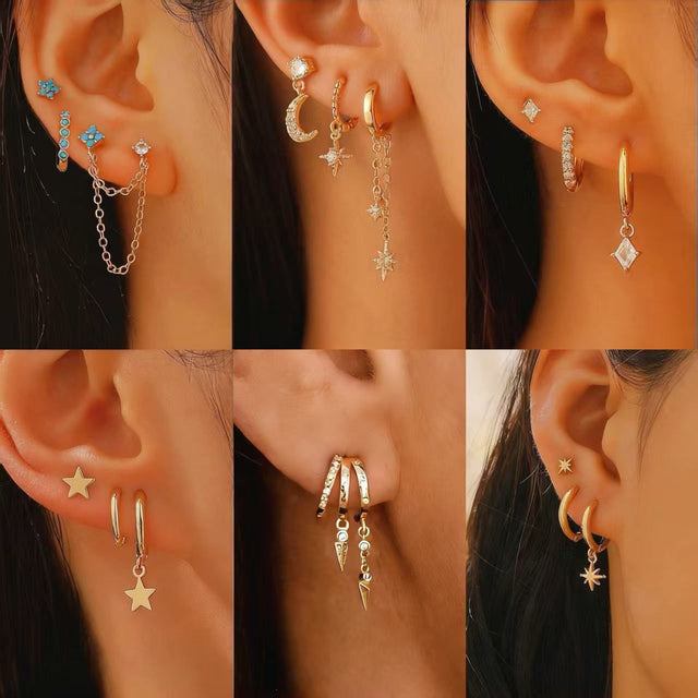 Asymmetric Star and Geometric Shape Earrings Set with Zirconia Accents, Electroplated Copper Base, 14K Gold Posts, Unisex Fashion Accessory
