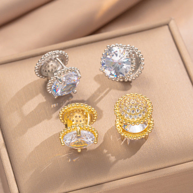 Elegant French Vintage Style Geometric Zirconia Earrings in 18K Gold-Plated Brass for Women
