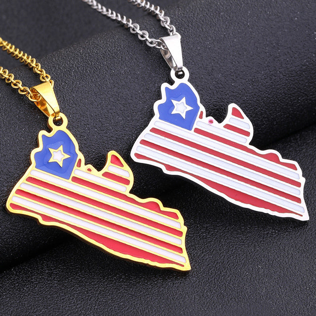 Ethnic Geometric Liberia Map Pendant Necklace in Stainless Steel with Enamel Finish on O-Chain for Unisex