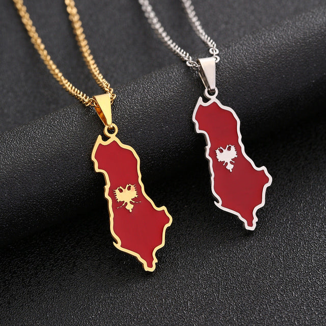 Ethnic Geometric Albania Map Pendant Necklace in Stainless Steel with Titanium Steel Charm and Electroplated Finish on O-Chain for Unisex