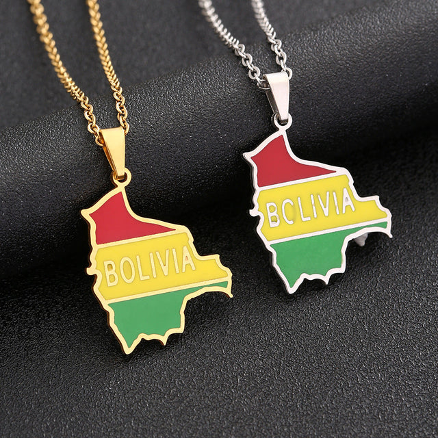Ethnic Geometric Bolivia Map Pendant Necklace in Stainless Steel with Titanium Steel Charm and Electroplated Finish on O-Chain