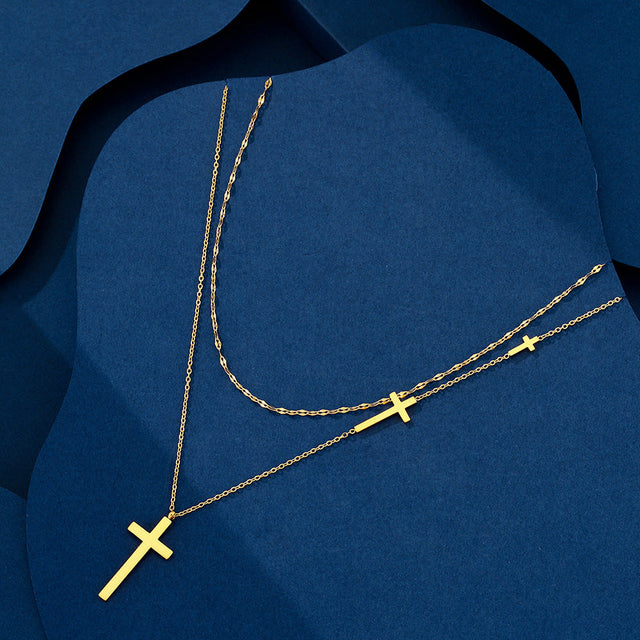 Elegant Cross Pendant Titanium Steel Necklace for Women with 18K Gold Plating Double-Layer O-Chain and Geometric Design
