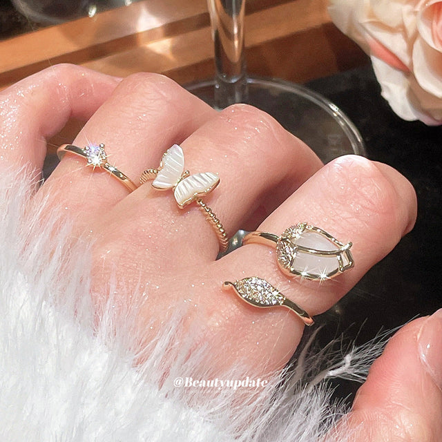 Elegant Butterfly and Floral Shaped Copper Ring with Zircon Inlay for Women, Lightweight Luxury Style Fashion Accessory for Index Finger