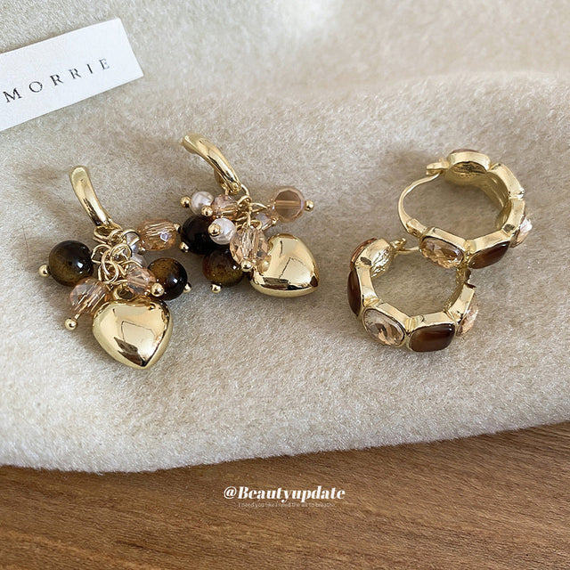 Chic Geometric Tiger Eye Heart Tassel Stud Earrings with Rhinestone Inlay for Women