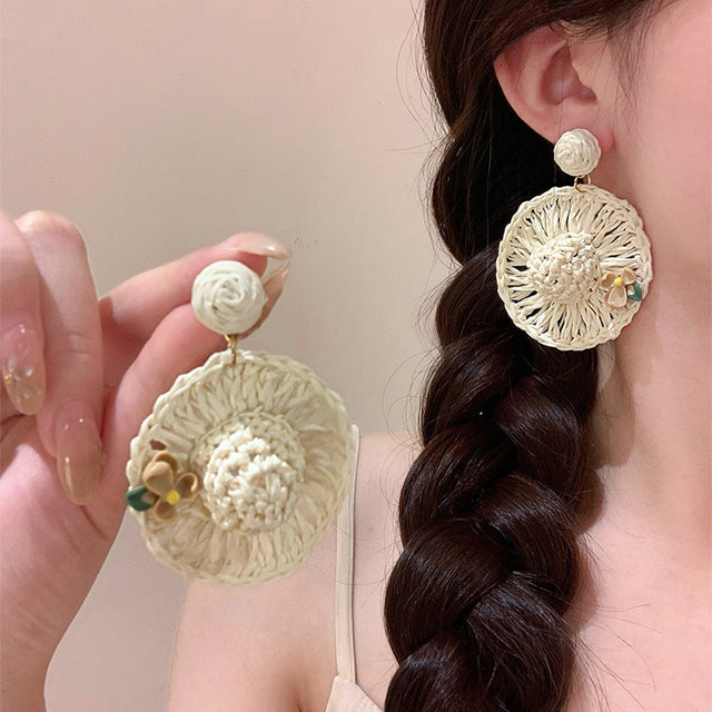 Bohemian Raffia Woven Geometric Stud Earrings for Women with Plated Steel Posts, Lightweight Luxury Ethnic Ear Jewelry