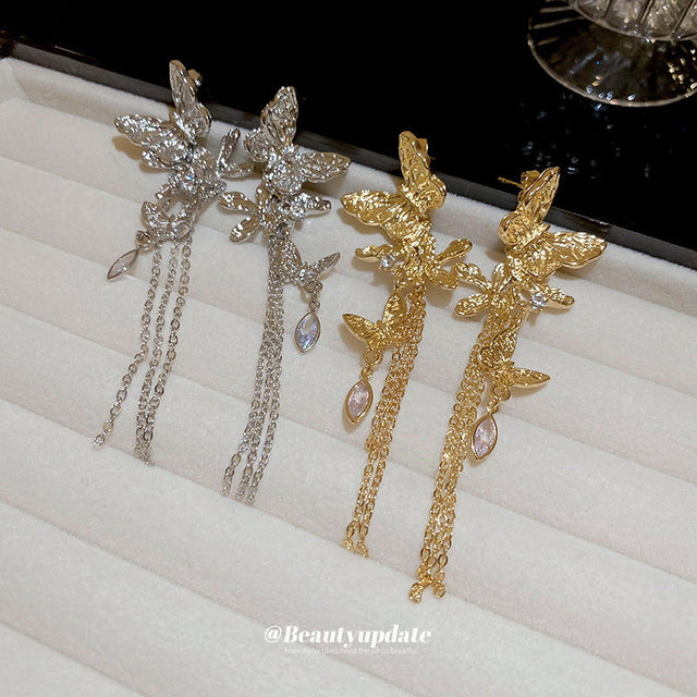 Chic Style Rhinestone-Inlaid Butterfly and Floral Dangle Stud Earrings for Women with 925 Silver Posts