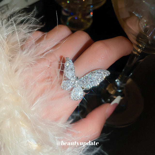 Butterfly-Shaped Open-Style Ring in Copper with Zircon Inlay for Women, Forest Aesthetic Minimalist Finger Ring