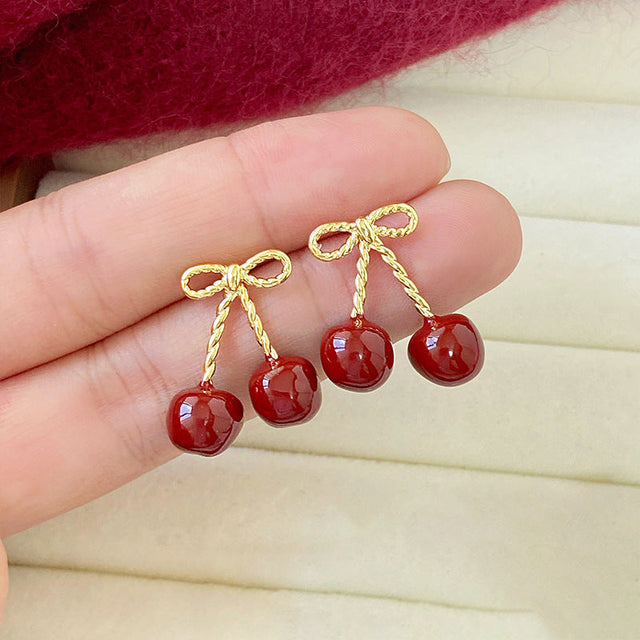 Cherry Bowknot Resin Stud Earrings with Steel Posts for Women, Minimalist Vintage Fashion Style