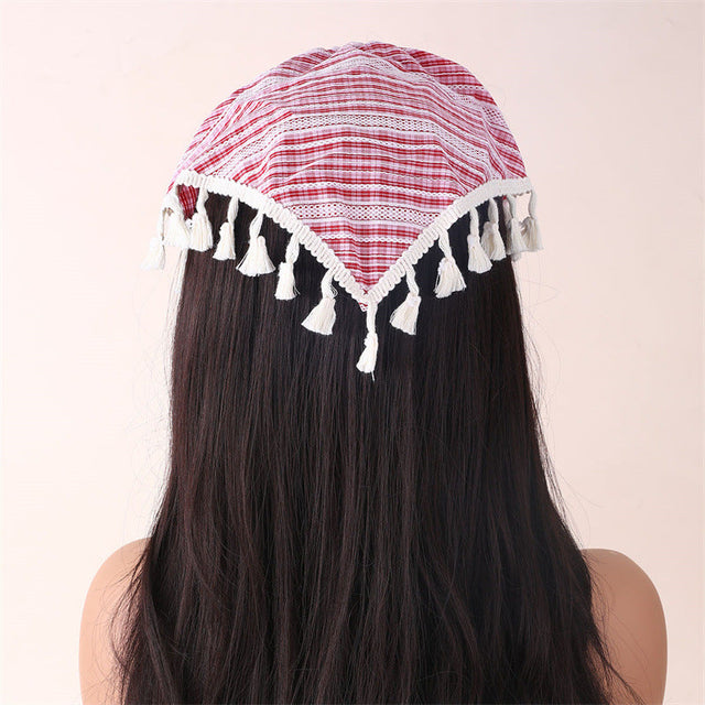 Bohemian Stripe Fabric Headband for Women with Lace Trim and Tassel Accents