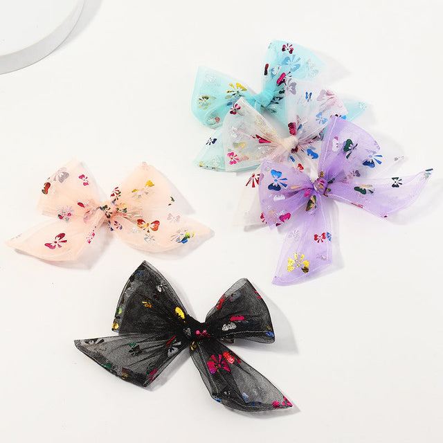 Cartoon Bowknot Hair Clip Set with Sequins and Tulle Butterfly Design for Girls Aged 6 and Up