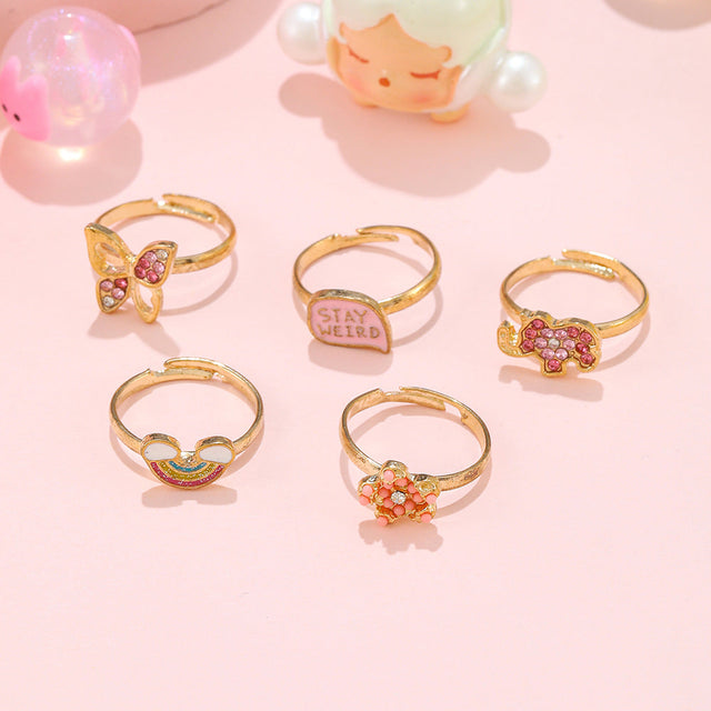 Cartoon Butterfly Rainbow Adjustable Alloy Ring for Kids with Enamel Finish and Rhinestone Inlay