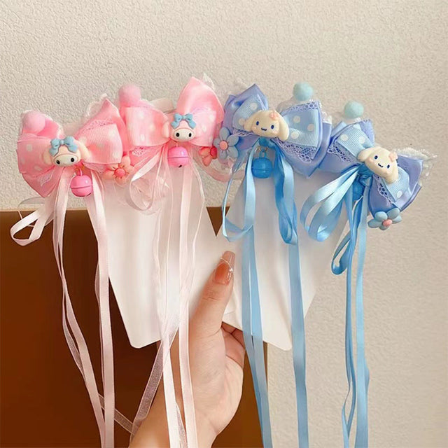 Cartoon Bowknot Hair Clip for Kids Made of Fabric with Ribbon and Pompom Accents in Princess Collection