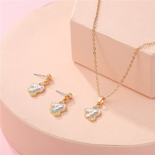 Cartoon Animal Stud Earrings and Necklace Set for Kids Alloy Jewelry with Enamel Finish and Rhinestone Accents