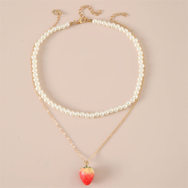 Cute Strawberry Pendant Necklace for Girls with Pearl Accents Minimalist Fruit-Shaped Children's Jewelry Set