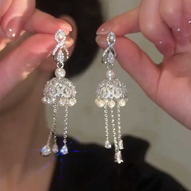 Chic Dripping Water Pearl Earrings with Zircon Inlay and Tassel Detail for Women