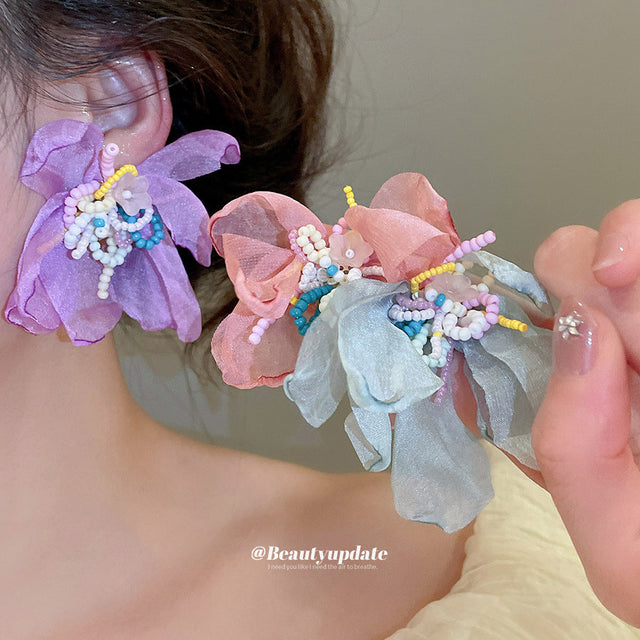 Dainty Floral Earrings with Crystal Beads on Sterling Silver Posts for Women, Handmade Fresh and Elegant Lightweight Hoop-Style Ear Jewelry