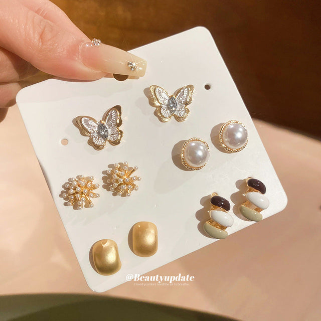 Butterfly and Floral Pearl Stud Earrings Set for Women with Steel Posts, Enamel Finish, Minimalist Fashion Everyday Wear