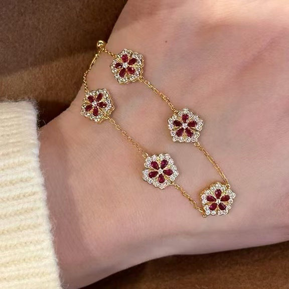Elegant Floral Hand Chain for Women Made of Brass with Zircon Inlay, Minimalist Luxury Style Bracelet for Daily Wear and Office Use