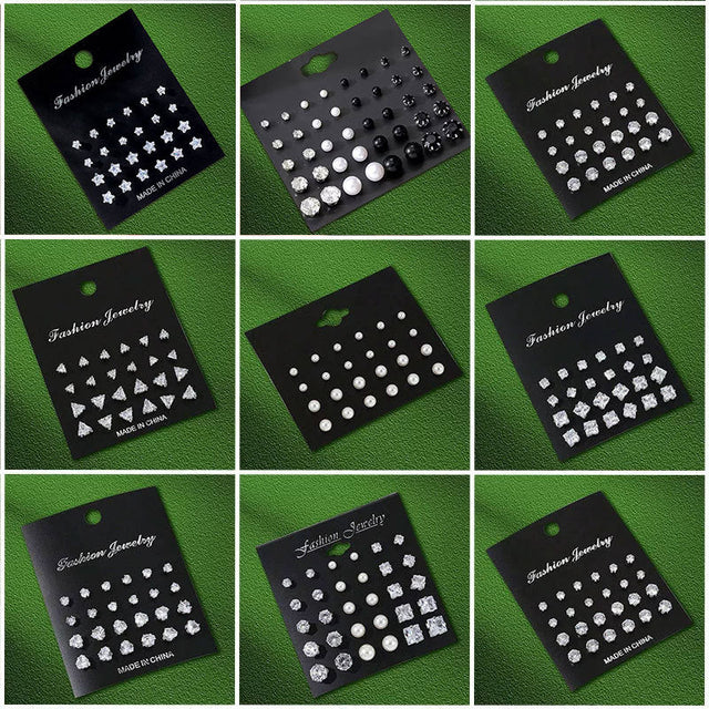 Casual Stainless Steel Heart Geometric Round Triangle Square Cubic Zirconia Pearl Inlay Earrings Set of 12 Pairs