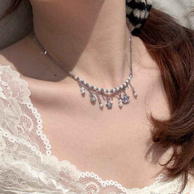 Elegant Gold Plated Brass Letter Star Pearl Pendant Necklace for Women