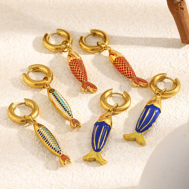 Colorful Drip Oil Plated 18K Gold Stainless Steel Fish Earrings for Women