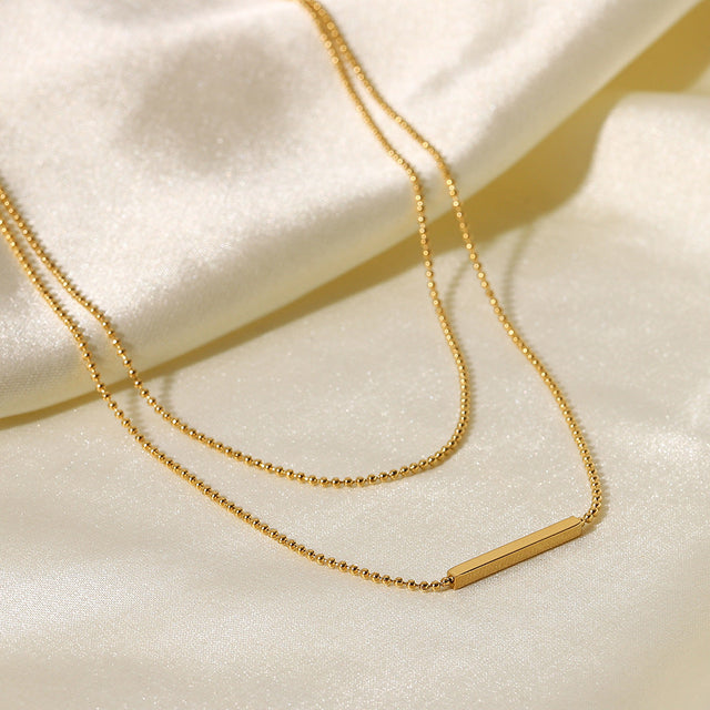 Double Layer T-Bar Bar Geometric Stainless Steel Necklace with 18K Gold Plated Titanium Steel Pendant for Women
