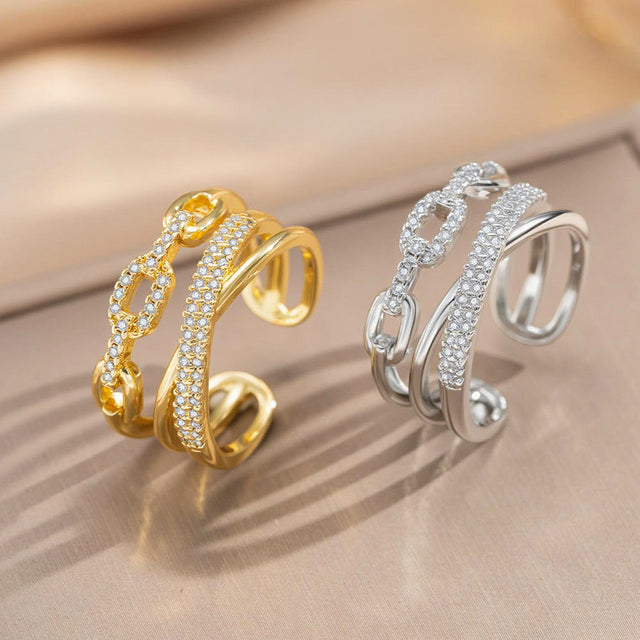 Classic Light Luxury 18K Gold Plated Geometric Letter Zircon Inlay Adjustable Open Ring for Women