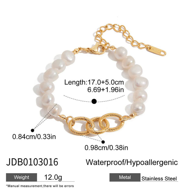 Elegant 18K Gold Plated Geometric Stainless Steel Bracelet with Pearl Inlay for Women
