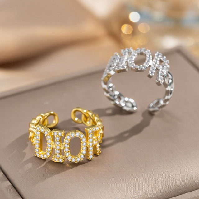Minimalist Fashion 18K Gold Plated Hollow Letter Rhinestone Ring for Women