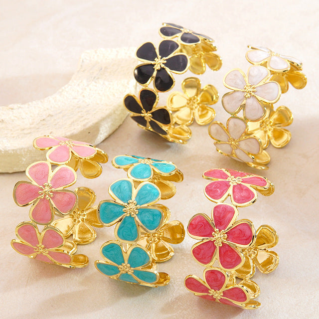 Casual Floral Drip Oil Stainless Steel Five-Petal Flower Open Cuff Bracelet