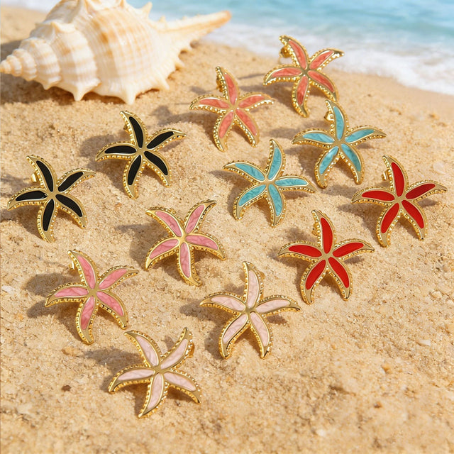 Casual Stainless Steel Drip Oil Starfish and Shell Earrings for Women