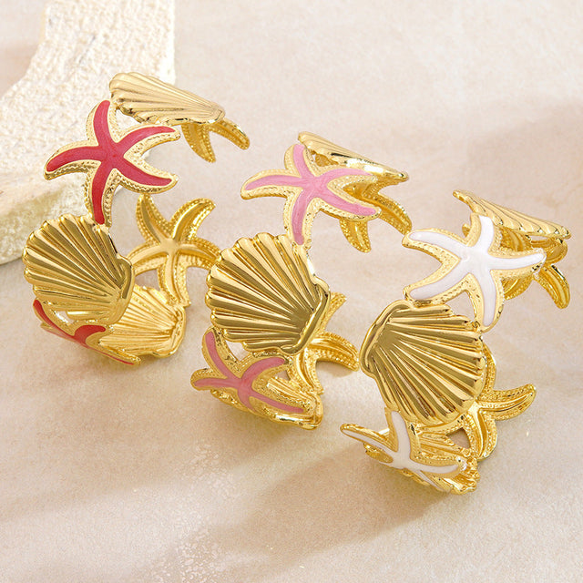 Casual Drip Oil Starfish Shell Stainless Steel Cuff Bracelet