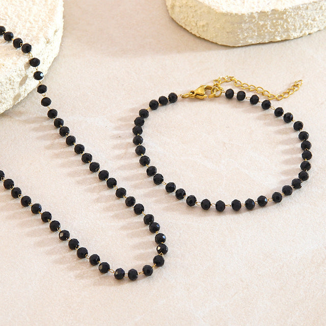Bohemian Minimalist Round Geometric Stainless Steel Plated Beaded Bracelet and Necklace Set for Women