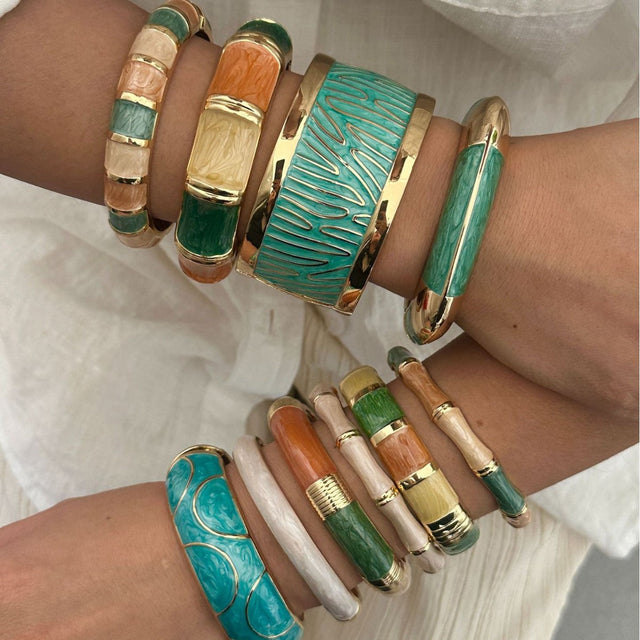 Bohemian Minimalist Colorful Drip Oil Enamel Geometric Round Oval Open Cuff Bracelet