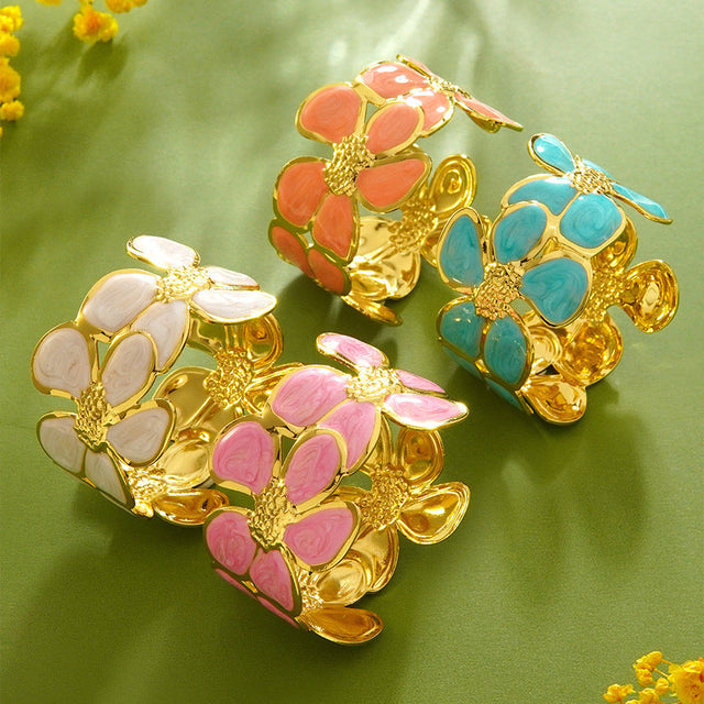 Casual Drip Oil Floral Stainless Steel Titanium Steel Cuff Bracelet