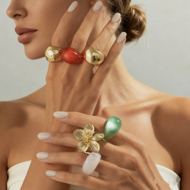 Amber Resin Geometric Drip Oil Open Ring Set for Women